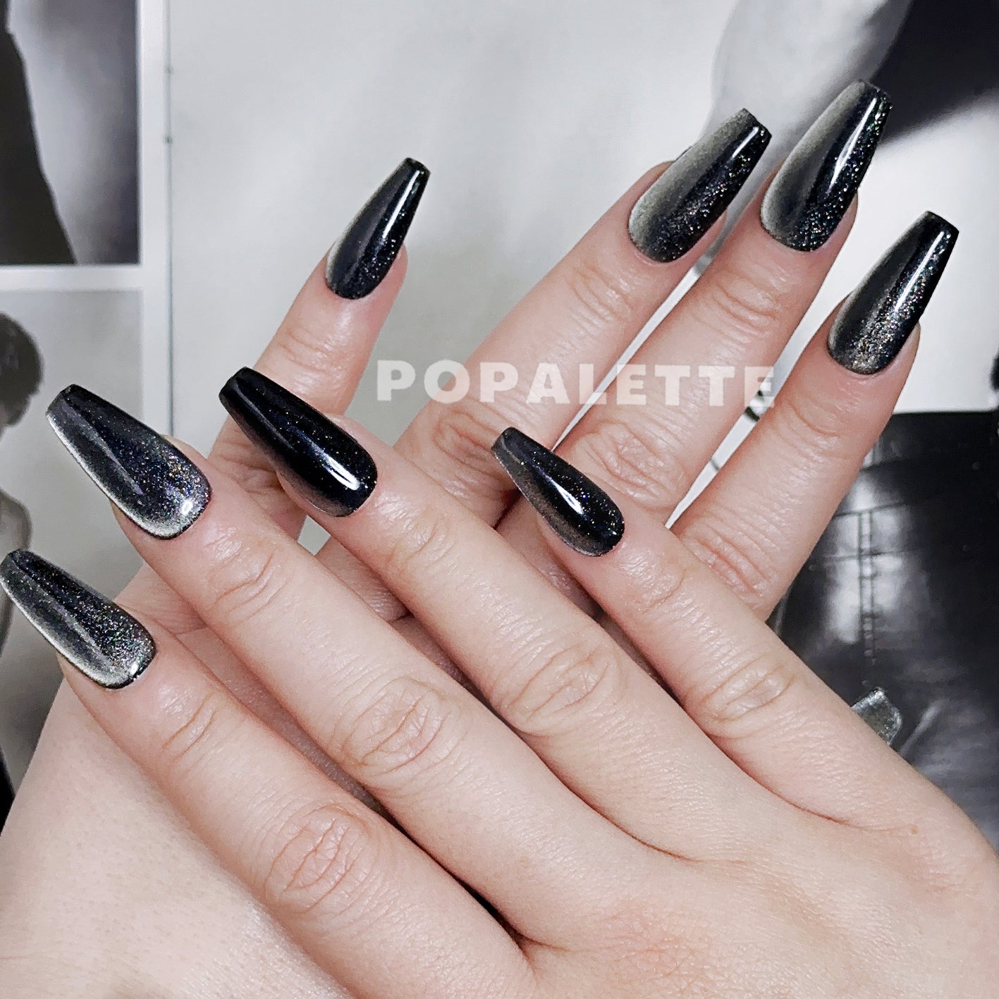 POPALETTE Cat Eye Black Glitter Long Length - 100% Handmade Press On Nails