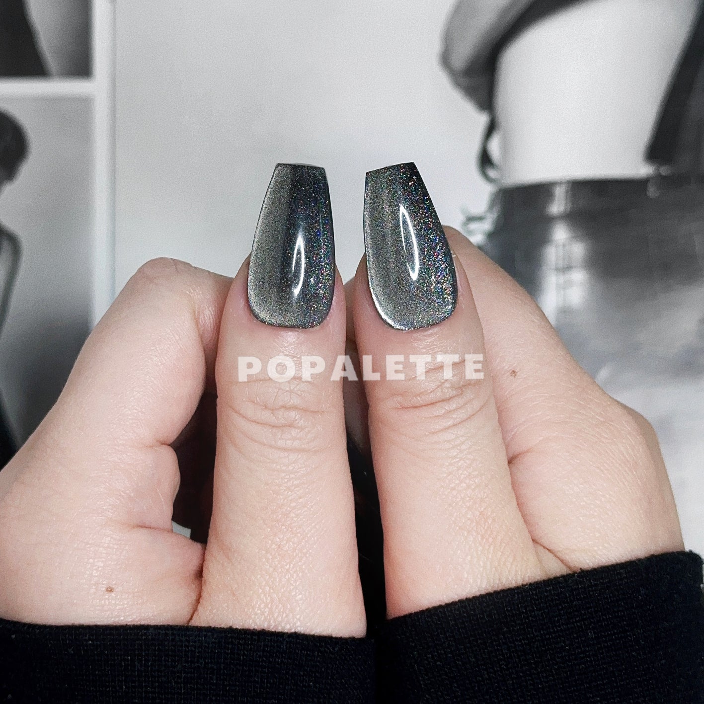 POPALETTE Cat Eye Black Glitter Long Length - 100% Handmade Press On Nails