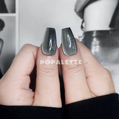 POPALETTE Cat Eye Black Glitter Long Length - 100% Handmade Press On Nails