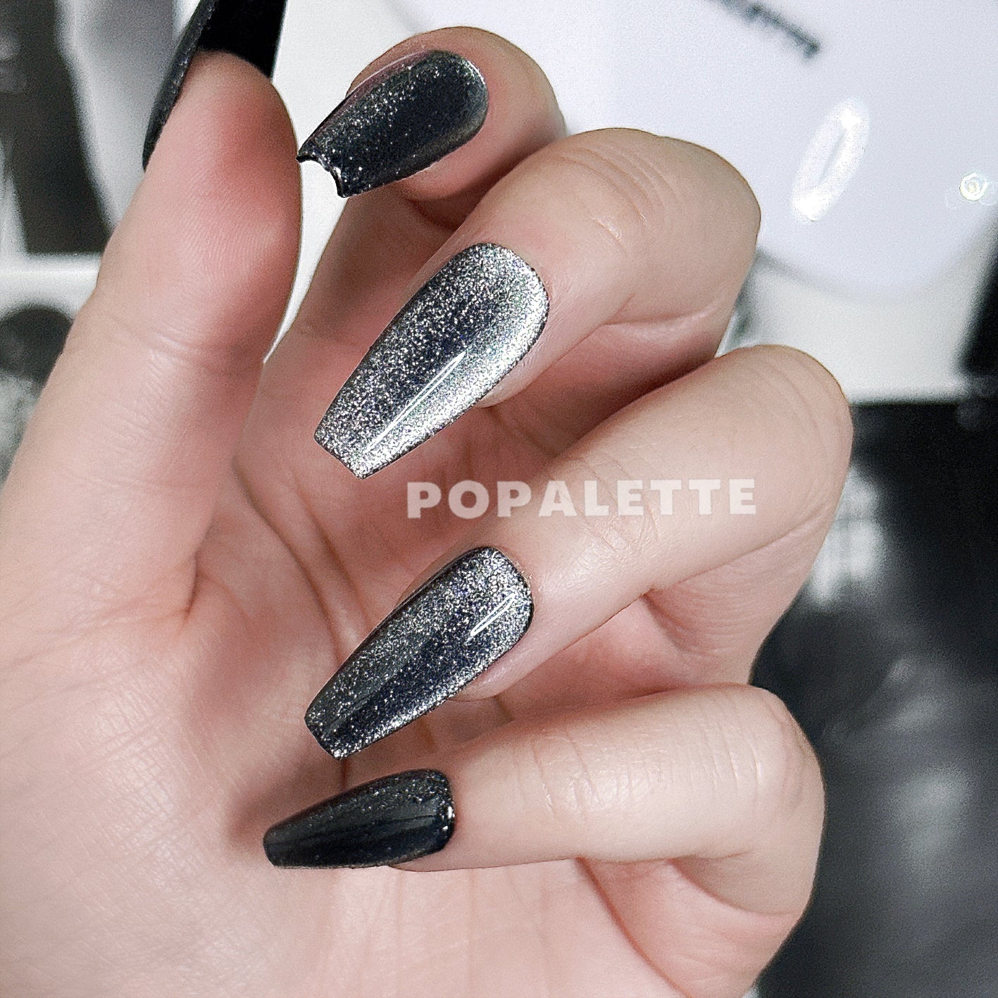 POPALETTE Cat Eye Black Glitter Long Length - 100% Handmade Press On Nails