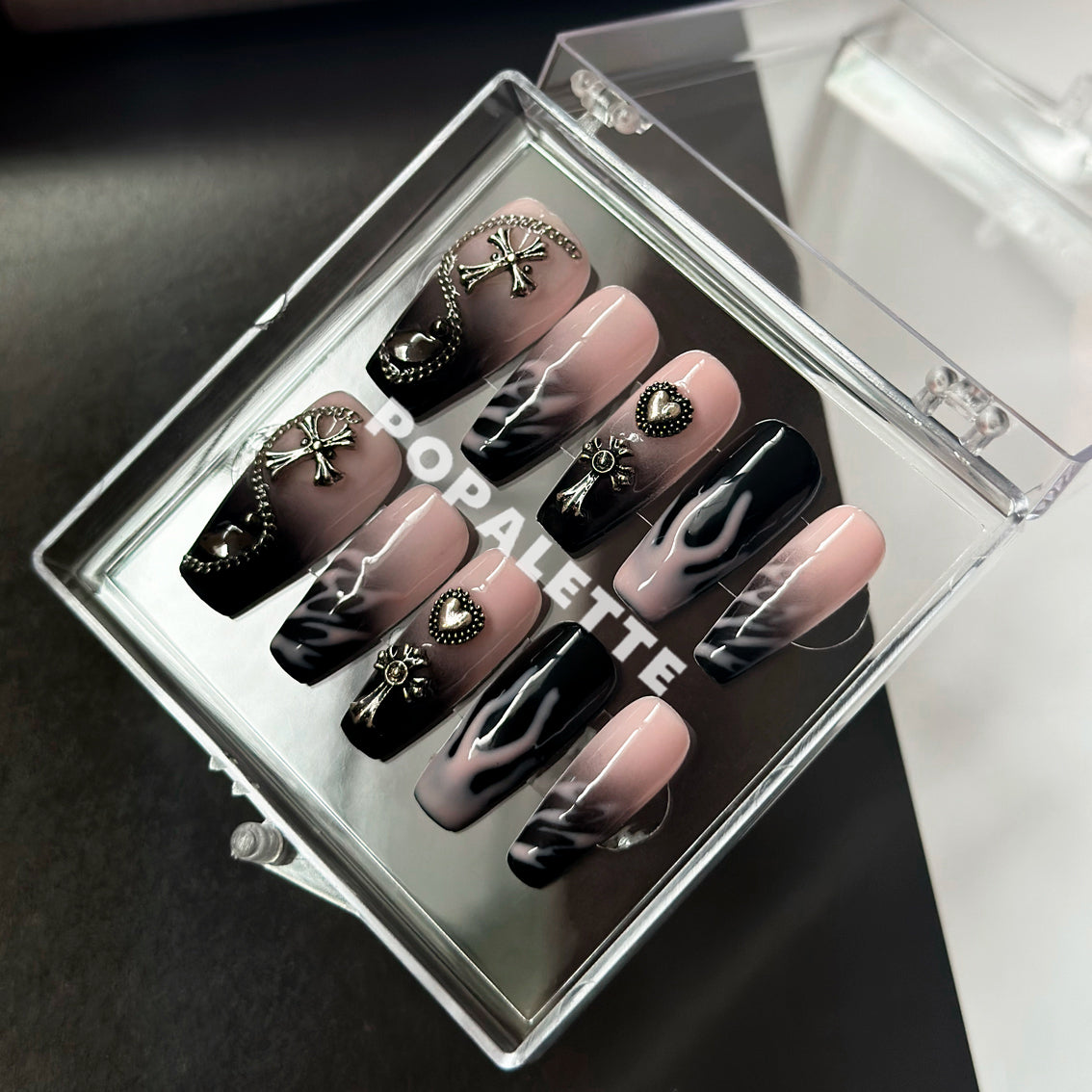 POPALETTE Black Pink Chrome Flame - Handmade Press On Nails