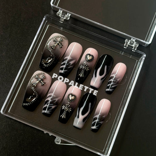 POPALETTE Black Pink Chrome Flame - Handmade Press On Nails
