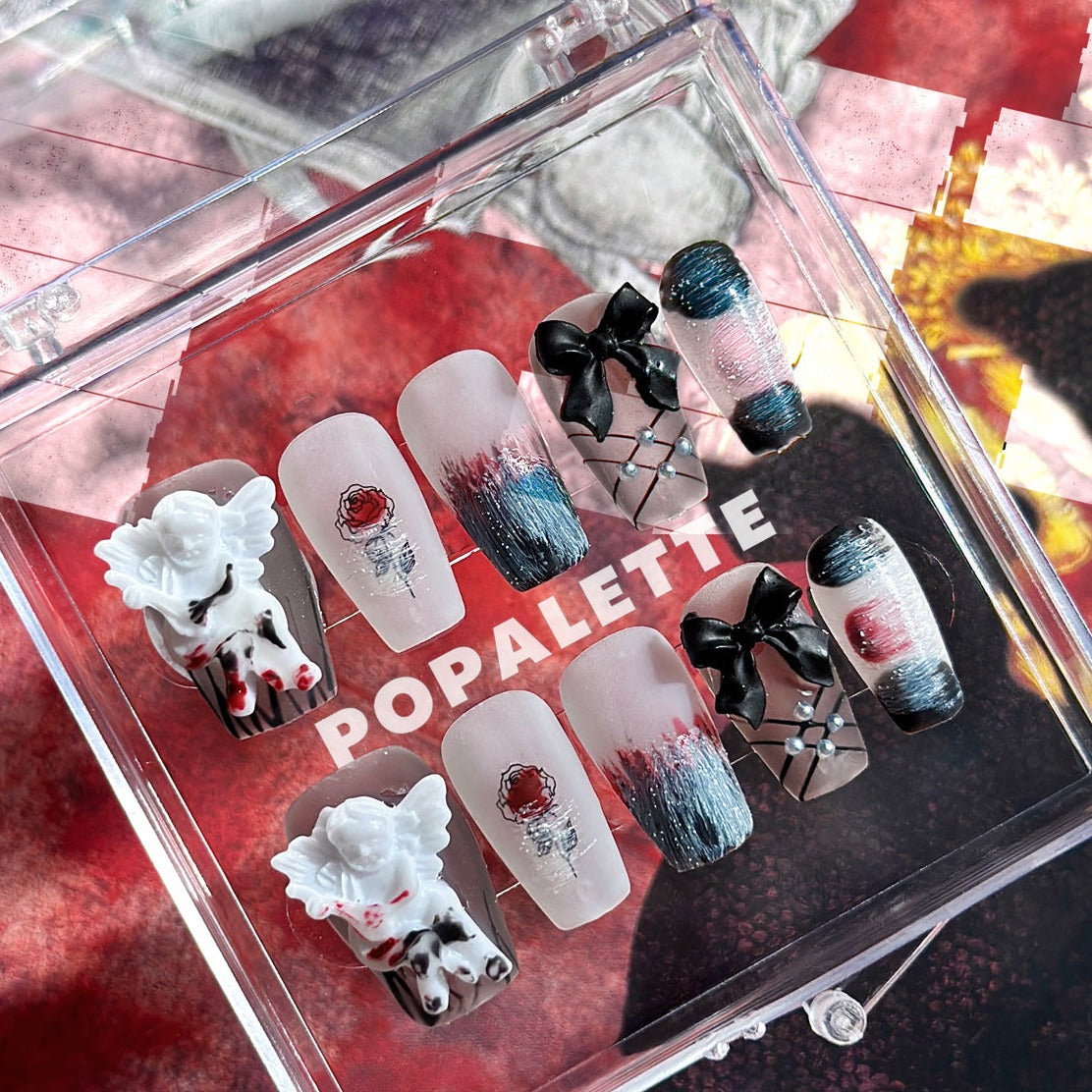 POPALETTE Halloween Bloody Angel Matt Press On Nails - 100% Handmade Press-On nails Reusable in Matt Finished Mid Coffin Shape