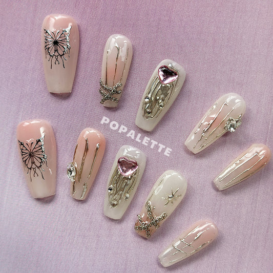 POPALETTE Butterfly Effect Chrome Charm Pink - Handmade Press On Nails 