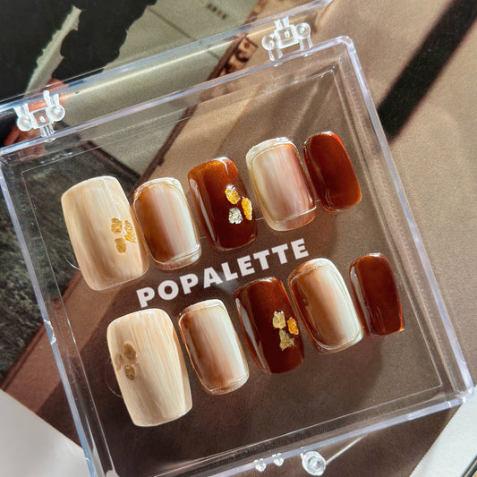 POPALETTE Caramel Ice Latte with Gold Leaf - Handmade Press On Nails