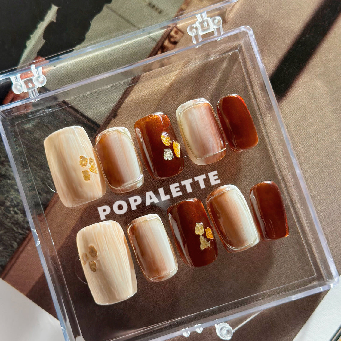POPALETTE Caramel Ice Latte with Gold Leaf - Handmade Press On Nails