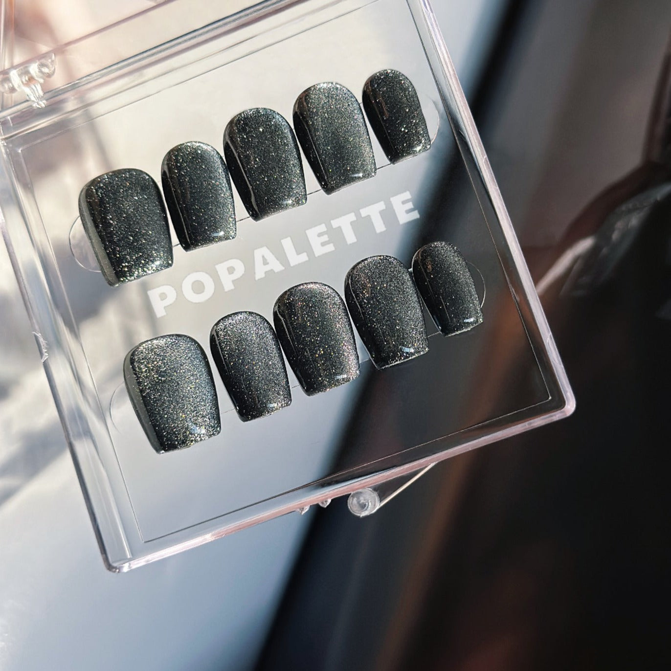 POPALETTE Cat Eye Black Glitter Short Length - 100% Handmade Press On Nails