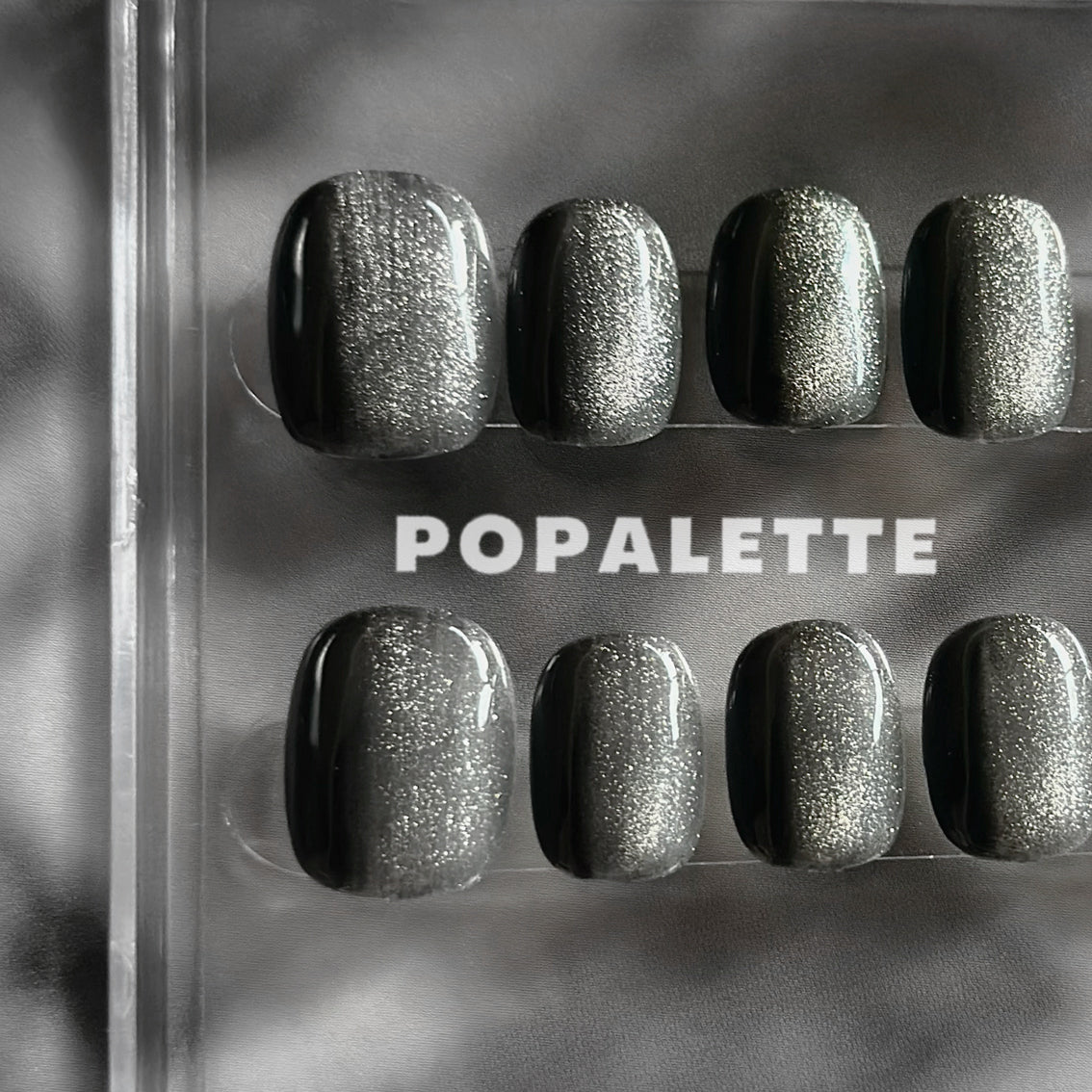POPALETTE Cat Eye Black Stone Glitter - 100% Handmade/Handcrafted Reusable Press On Nails in Short Length Round Shape