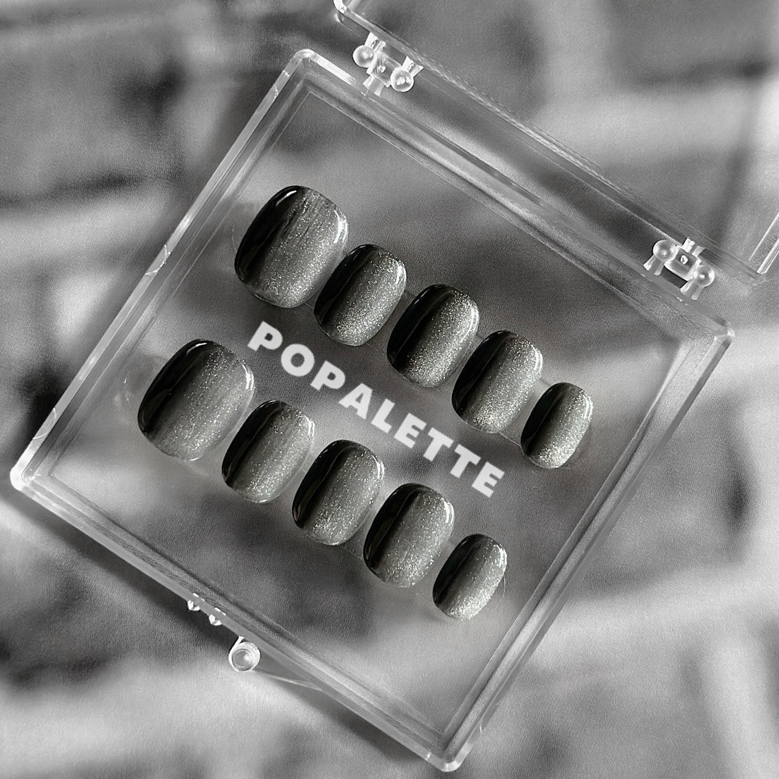 POPALETTE Cat Eye Black Stone Glitter - 100% Handmade/Handcrafted Reusable Press On Nails in Short Length Round Shape