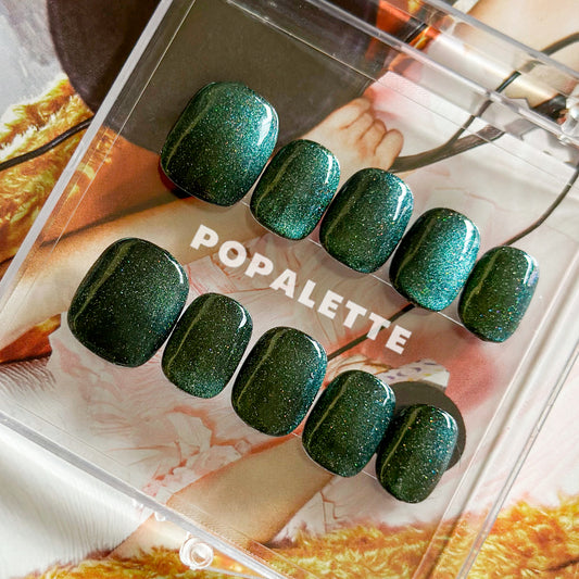 POPALETTE Glitter Cat Eye Vintage Green - Handmade Press On Nails