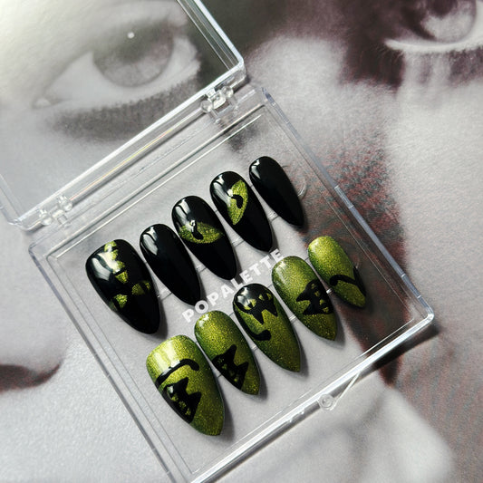 POPALETTE Halloween Glitter Cat Eye Green & Black - Handmade Press On Nails