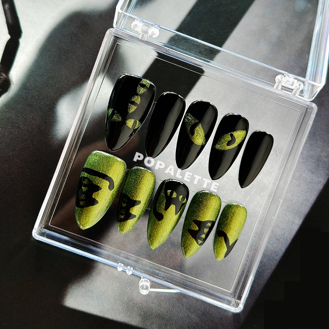POPALETTE Halloween Glitter Cat Eye Green & Black - Handmade Press On Nails