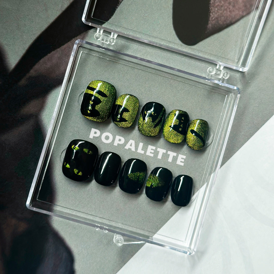 POPALETTE Halloween Black and Glitter Green Cat Eye - 100% Handmade Reusable Press On Nails