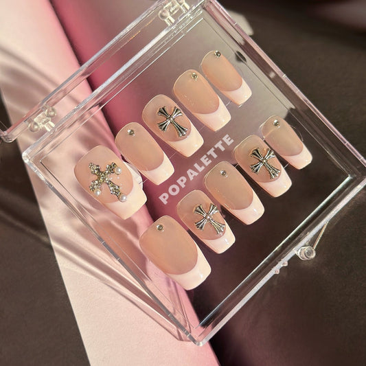 POPALETTE French Tip Pink Chrome - 100% Handmade/Hand-painted Press On Nails 