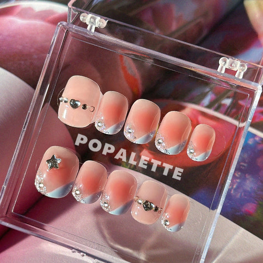POPALETTE Blushy Her French Nail Sparkly Glitter Short Length - Handmade/Hand-painted Press On Nails
