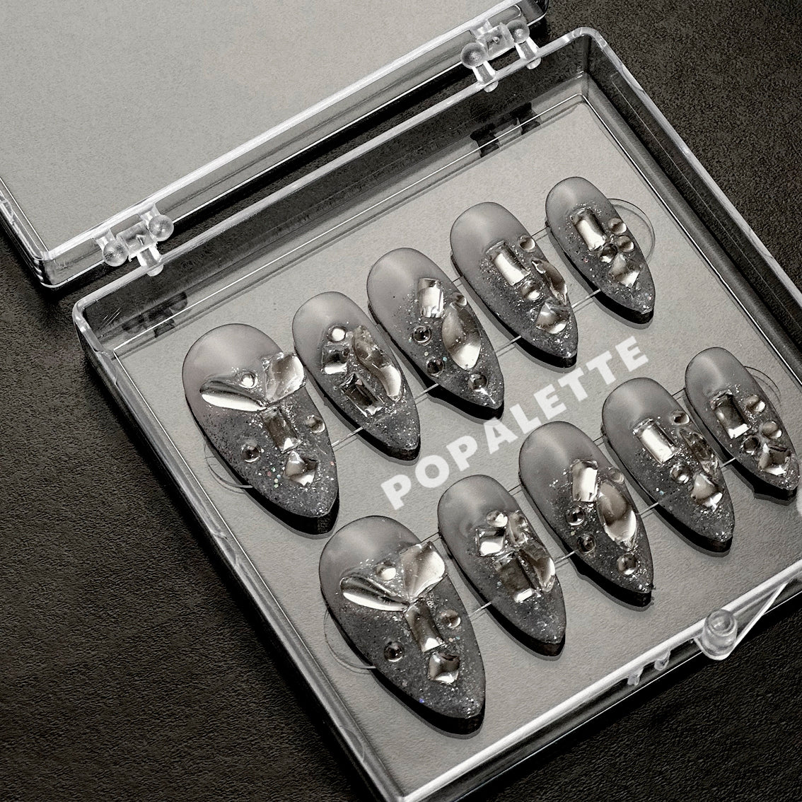 POPALETTE Glitter Icy Diamond Charm Dust Armor (Almond) - Handmade Press On Nails