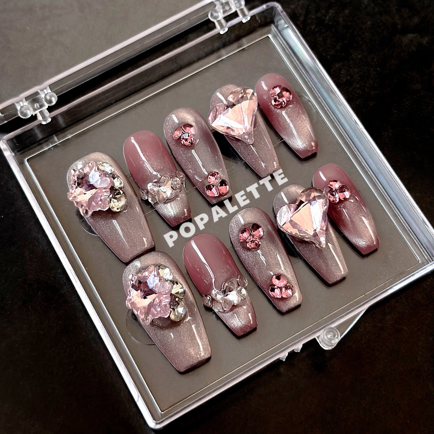 POPALETTE Lady in Pink Shimmer Cat Eye - 3D Luxury Handmade Press On Nails