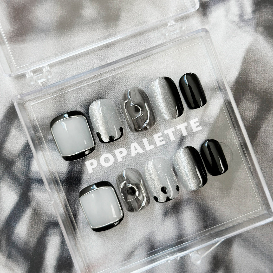 POPALETTE Glitter/ Shimmer Cat Eye Magic Mirror Black & Silver - Handmade Press On Nails
