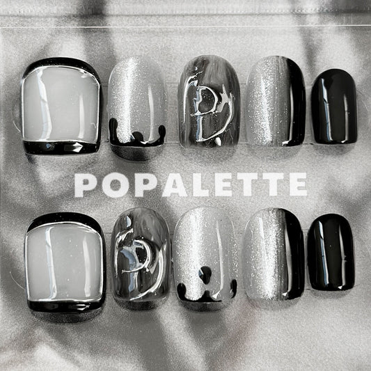POPALETTE Glitter/ Shimmer Cat Eye Magic Mirror Black & Silver - Handmade Press On Nails