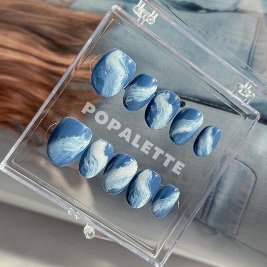 POPALETTE NewJeans Ocean Waves Short Length - 100% Handmade Press On Nails 