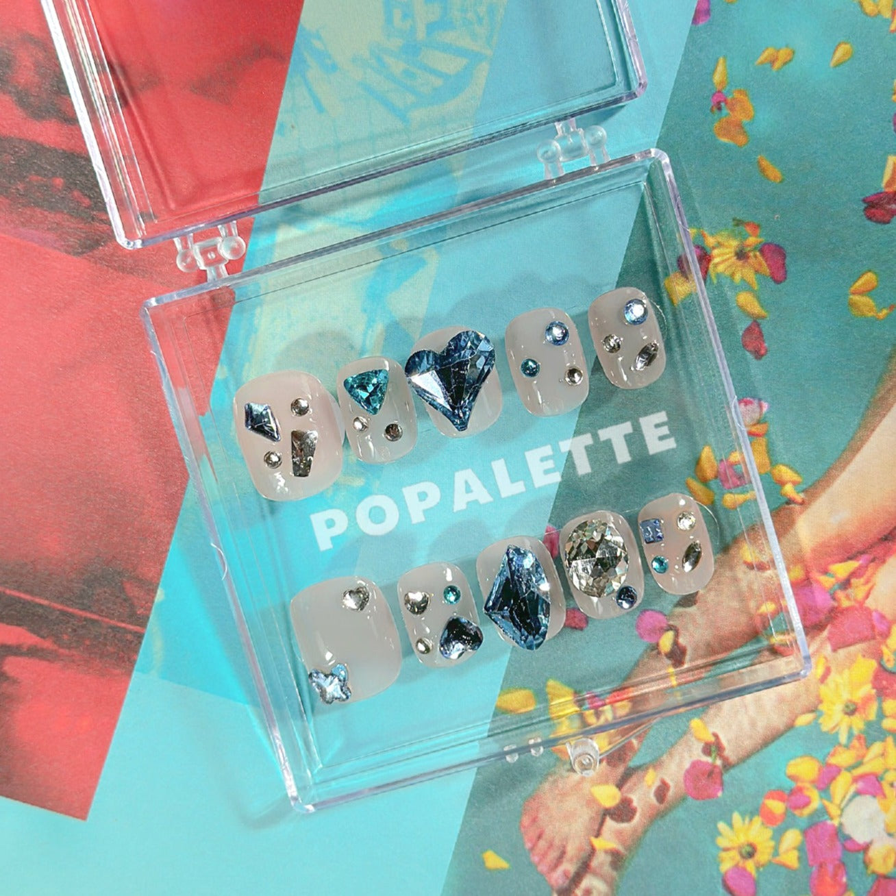 Ocean Heart Blue Diamond Charm Short Length - POPALETTE 100% Handmade Press On Nails
