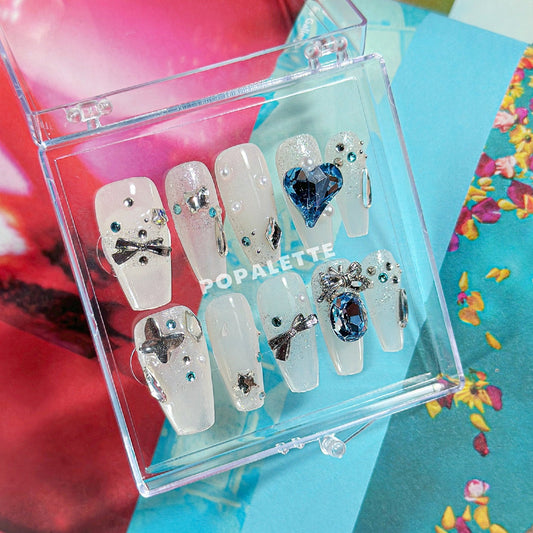 Ocean Heart Blue Diamond Charm Long Length - POPALETTE 100% Handmade Press On Nails