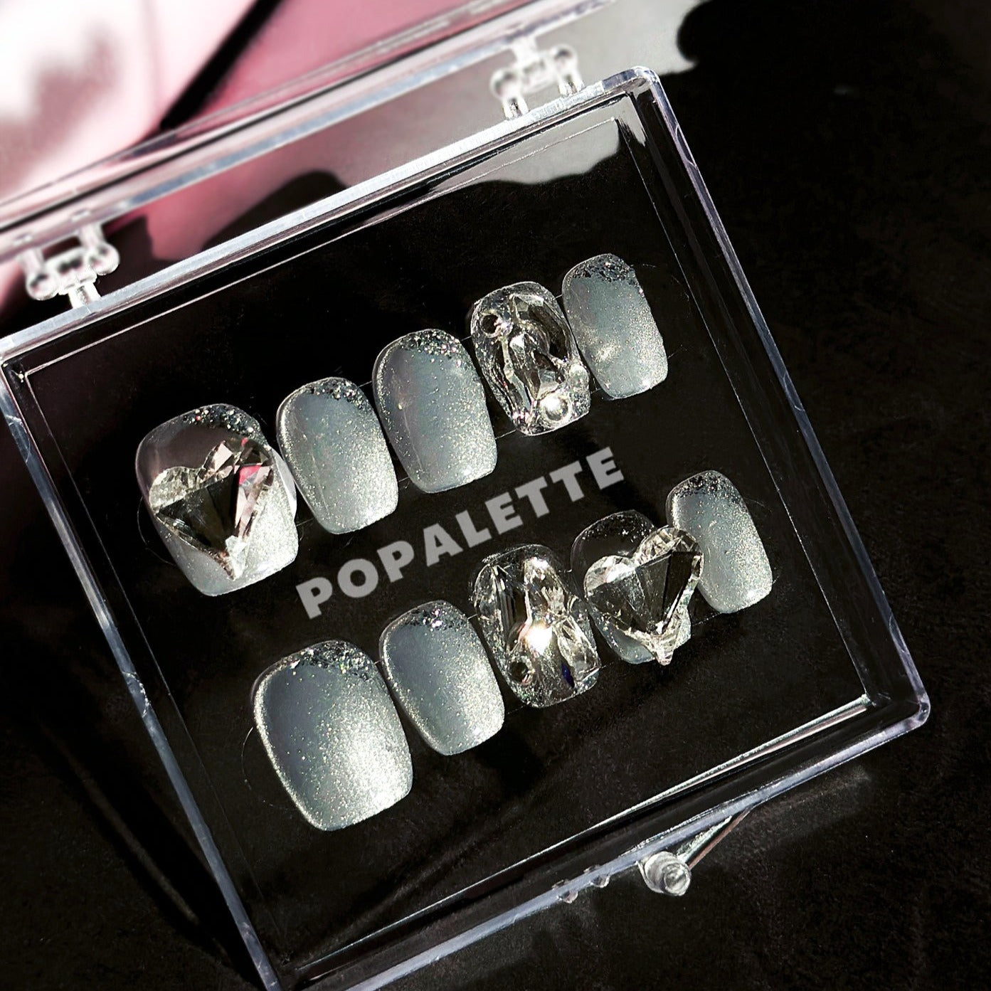 POPALETTE Silver Galaxy Short Length - 3D 100% Handmade/Handpainted Press On Nails
