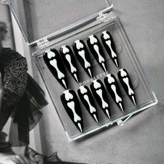 Halloween Handpainted Skeleton Black & White Stiletto Handmade/Handpainted Press On Nails - POPALETTE