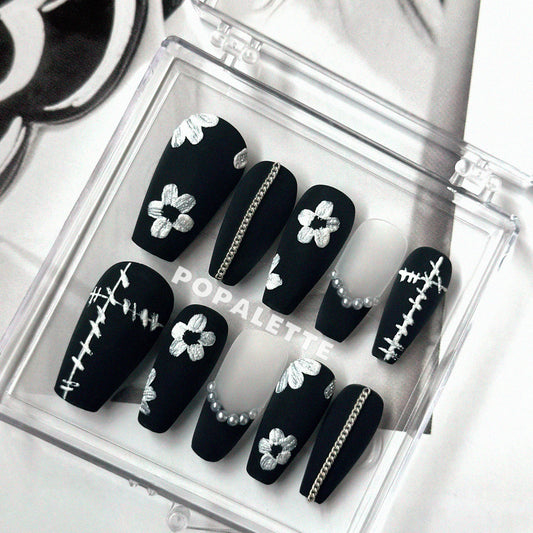 Chanel Inspired Handpainted Stitches & Flowers in Black Matt Finish - POPALETTE