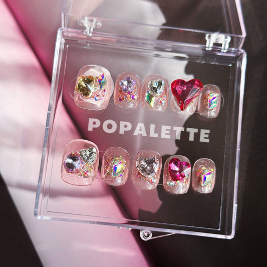Strawberry Burst with Pink Heart Diamond Charm - POPALETTE 100% Handmade Press On Nails