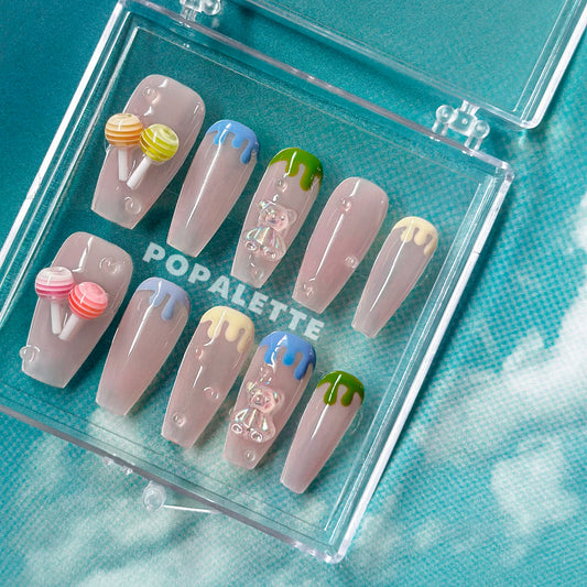 Multicolour Summer Sugar Jelly Bear Lollipop 3D Press On Nails - POPALETTE