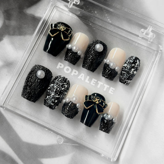 Chanel Inspired Winter Tweed Handmade Press On Nails with Bow and Pearl - POPALETTE