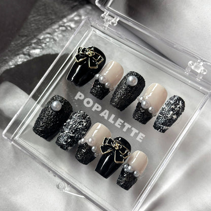 Chanel Inspired Winter Tweed Handmade Press On Nails with Bow and Pearl - POPALETTE