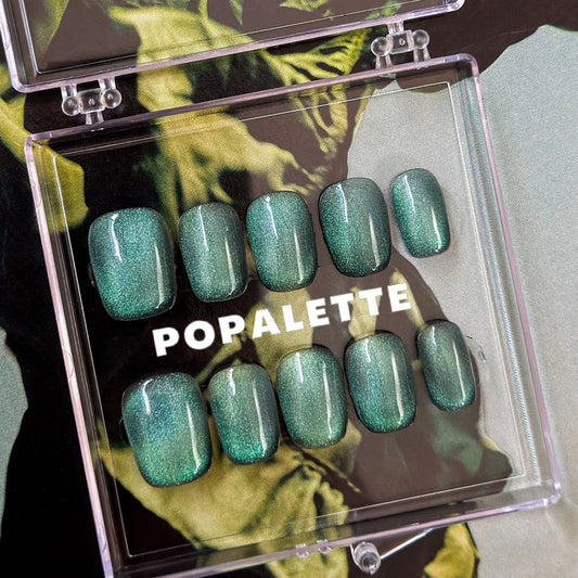 POPALETTE Glitter Cat Eye Blue Lake Green - Handmade Press On Nails