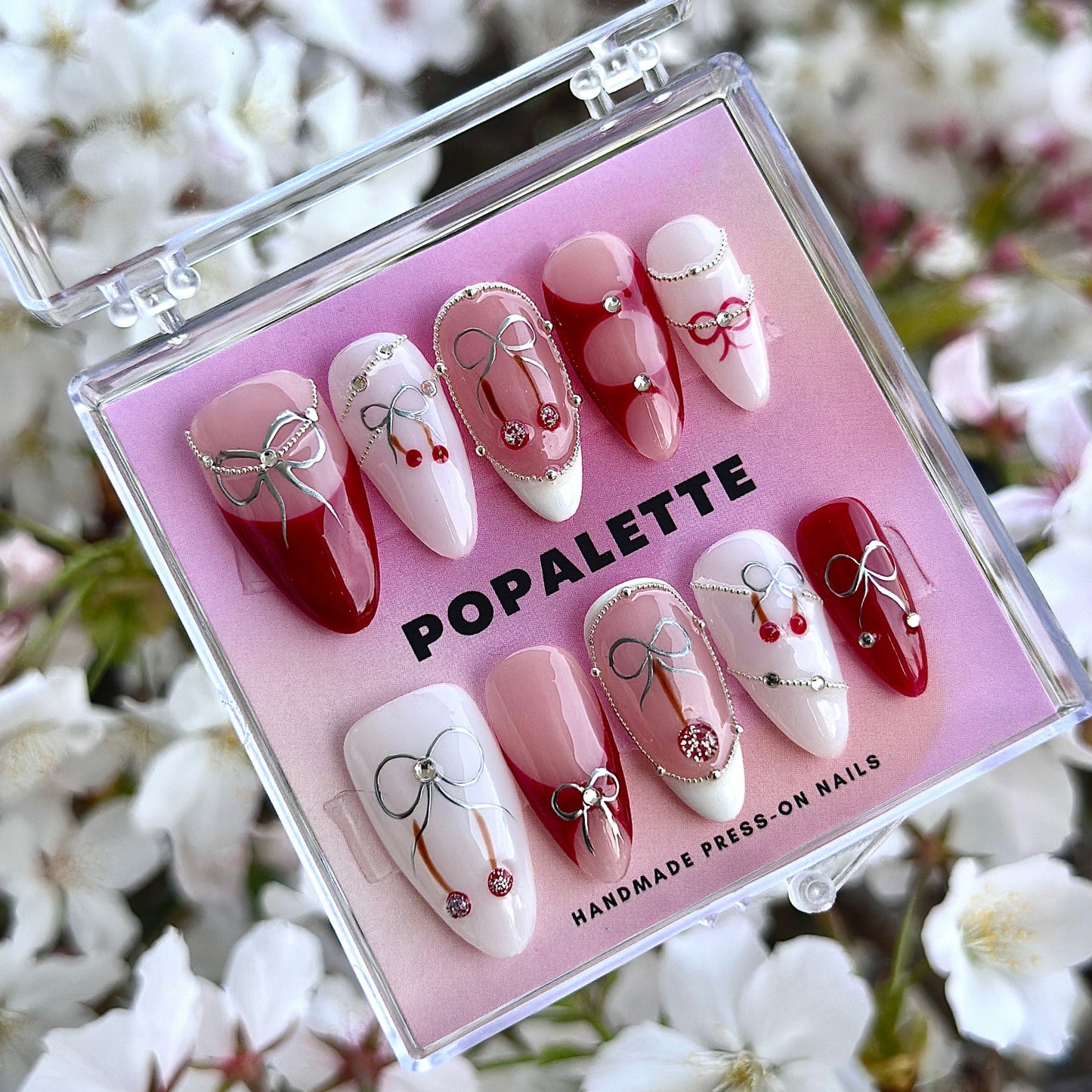 POPALETTE CHERRY WINE ALMOND SHAPE - 100% Handmade Luxury 3D Reusable Press On Nails