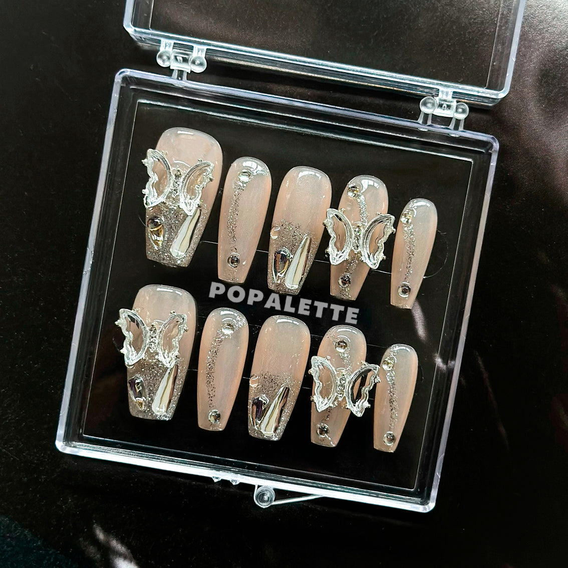 Glitter Silver Butterfly Glossy Finish Press On Nails - POPALETTE