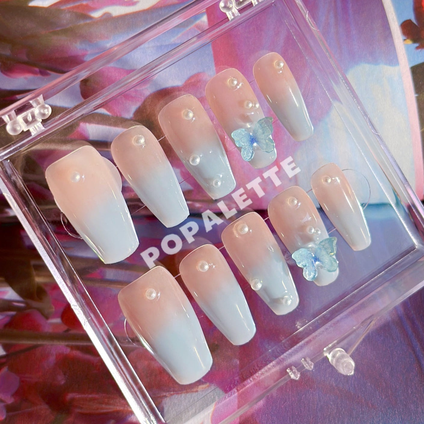 POPALETTE Pastel Blue Butterfly Fantasy - 100% Handmade/Handcrafted Reusable Press On Nails in Long Length Coffin Shape