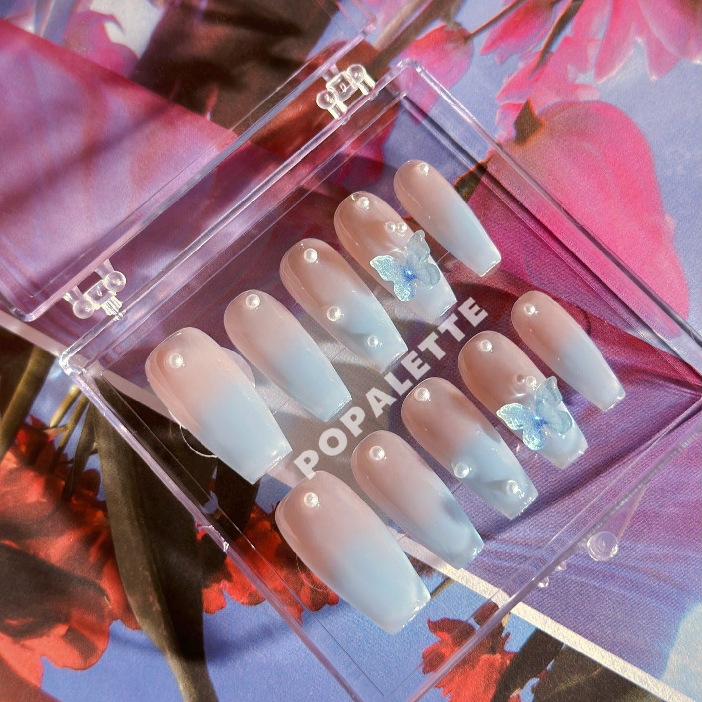 POPALETTE Pastel Blue Butterfly Fantasy - 100% Handmade/Handcrafted Reusable Press On Nails in Long Length Coffin Shape