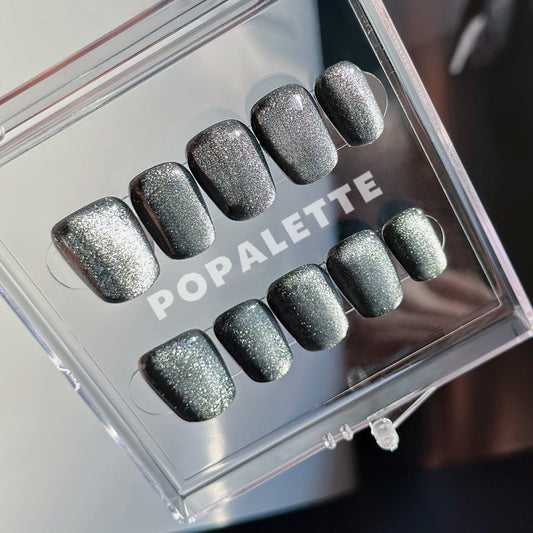 POPALETTE Cat Eye Black Glitter Short Length - 100% Handmade Press On Nails