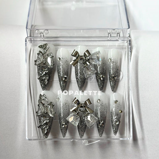 POPALETTE Fluttering Snowflake Stiletto Shape- 100% 3D Handmade 3D Luxury Press On Nails Reusable 