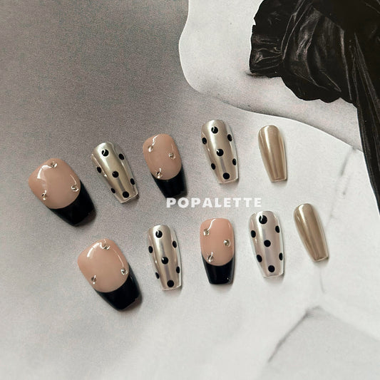 POPALETTE French & Polka Dot in Mid Length in Coffin Shape  - 100% Handmade Press On Nails Reusable