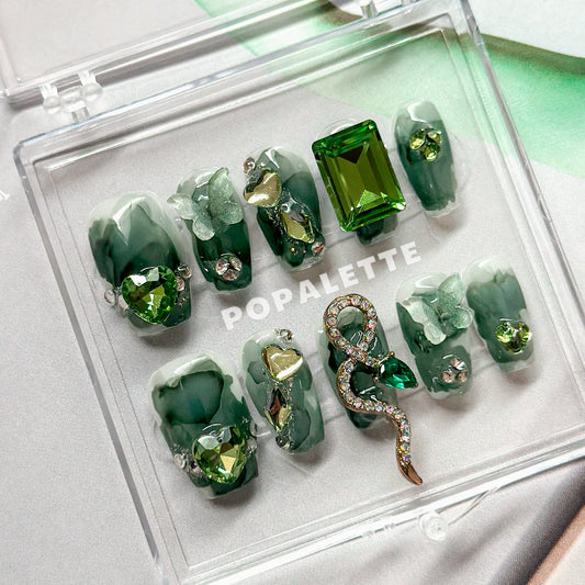 POPALETTE Garden of Jade in Coffin Shape - 100% Handmade 3D Luxury Press On Nails Reusable