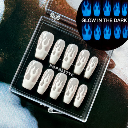 POPALETTE Halloween Glow in the Dark - 100% Handmade Press-On Nails Flame White in Coffin Shape Reusable