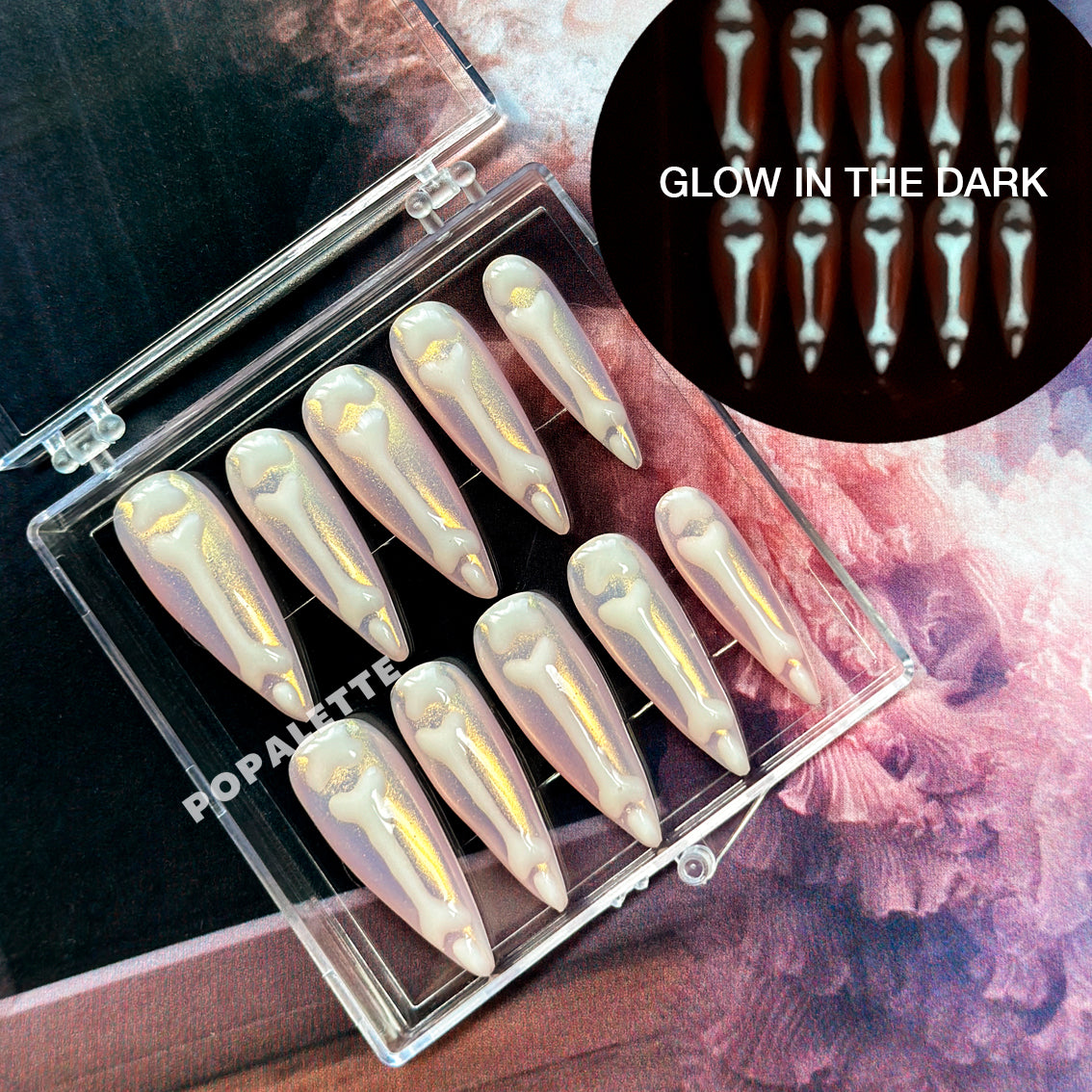 POPALETTE Halloween Glow in the Dark - 100% Handmade Press-On Nails Skeleton Luminous Pink in Stiletto