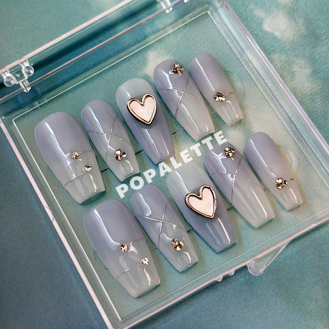 POPALETTE Gradient Ombre Light Blue Heart Coffin - 100% Handmade Press On Nails Reusable