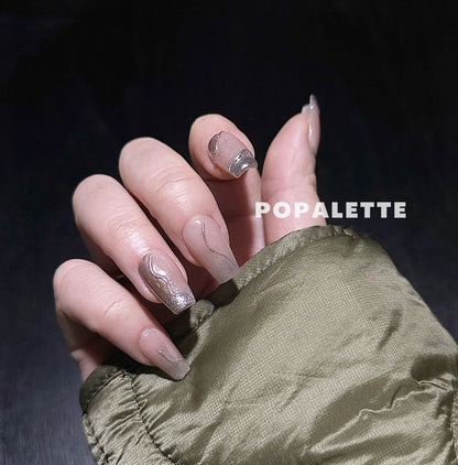 POPALETTE Gradient Chrome Silver Mirror Glitter - 100% Handmade Press On Nails Reusable