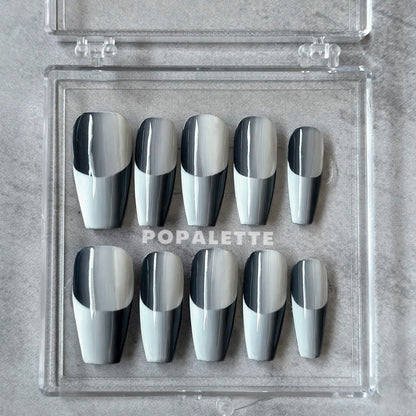 POPALETTE Gradient Space French in Black & Grey - 100% Handmade Press On Nails Reusable