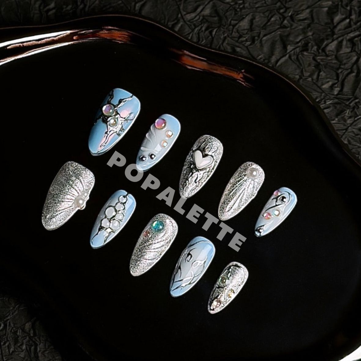 POPALETTE ABYSS HEART- 100% Handmade Luxury 3D Press On Nails in Almond Shape Reusable