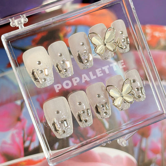 POPALETTE Icy Diamond Butterfly Mid Length - 100% Handmade Press On Nails 
