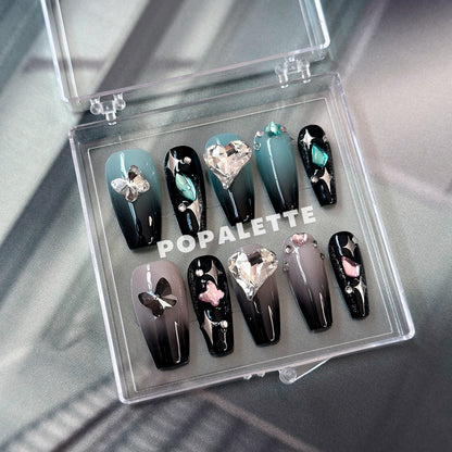 Pop Rock Diamond Heart Butterfly Charms in Blue & Pink - POPALETTE 3D Handmade Press On Nails